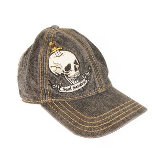 Vintage 90s Y2K 2000s Jnco Grey Chambray Denim Grunge Embroidered Skull Hat